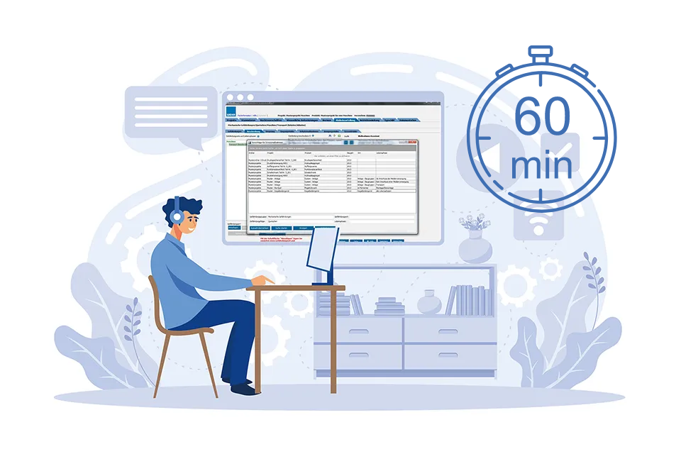 Grafik mit Mensch am PC Arbeitsplatz und einer Uhr, die 60 Minuten anzeigt.